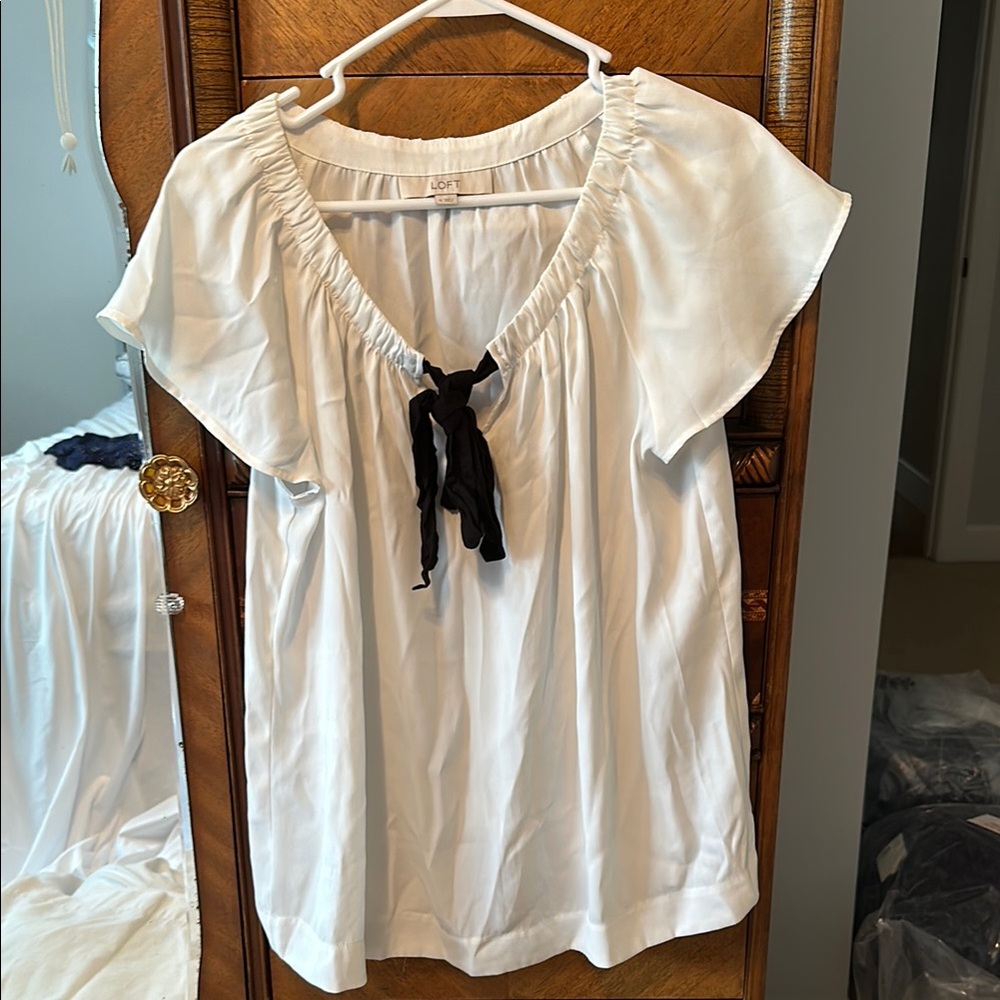 LOFT White Flutter Sleeve Blouse with Tie Front